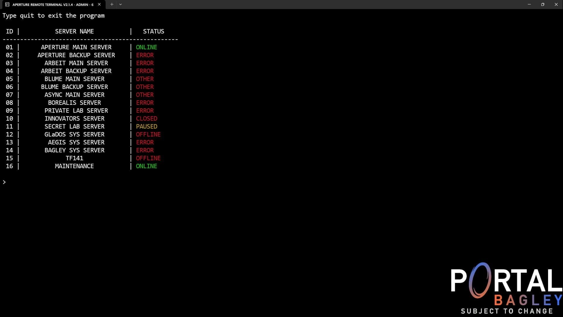 Portal Bagley: Aperture Remote Terminal screenshot 1